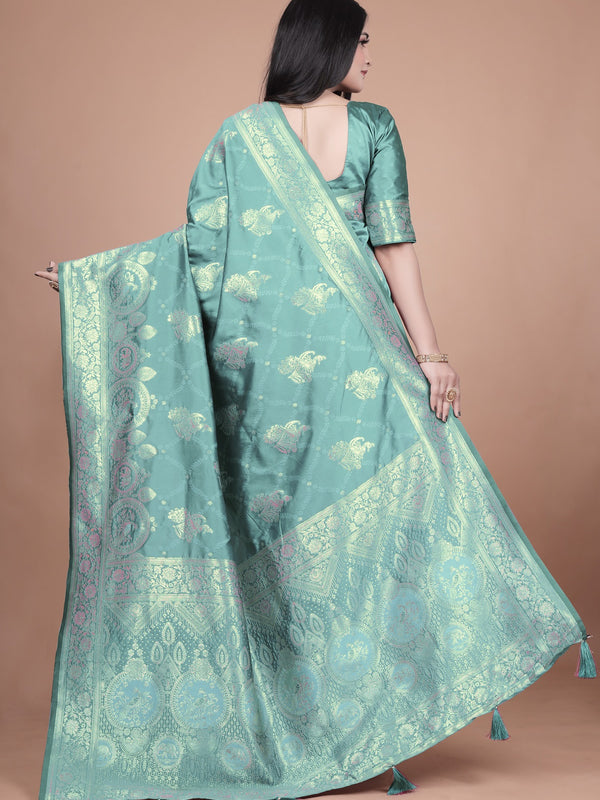 Teal Green Banarasi Silk Saree with Intricate Zari Motifs & Peacock Design