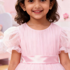 Girls Baby Pink Puff-Sleeve Tulle Party Dress with Satin Waistband