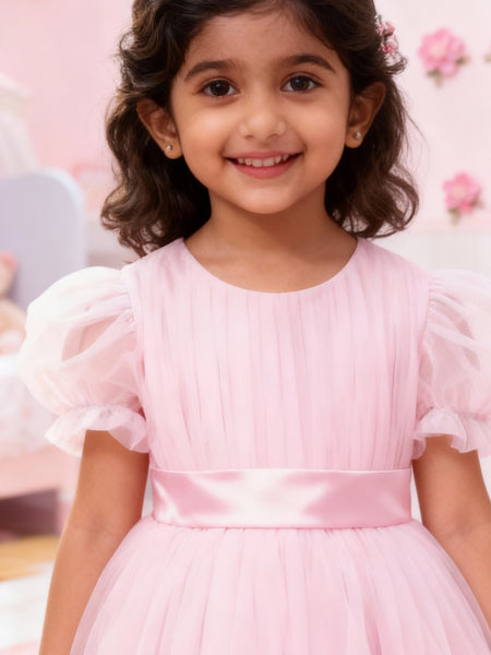 Girls Baby Pink Puff-Sleeve Tulle Party Dress with Satin Waistband
