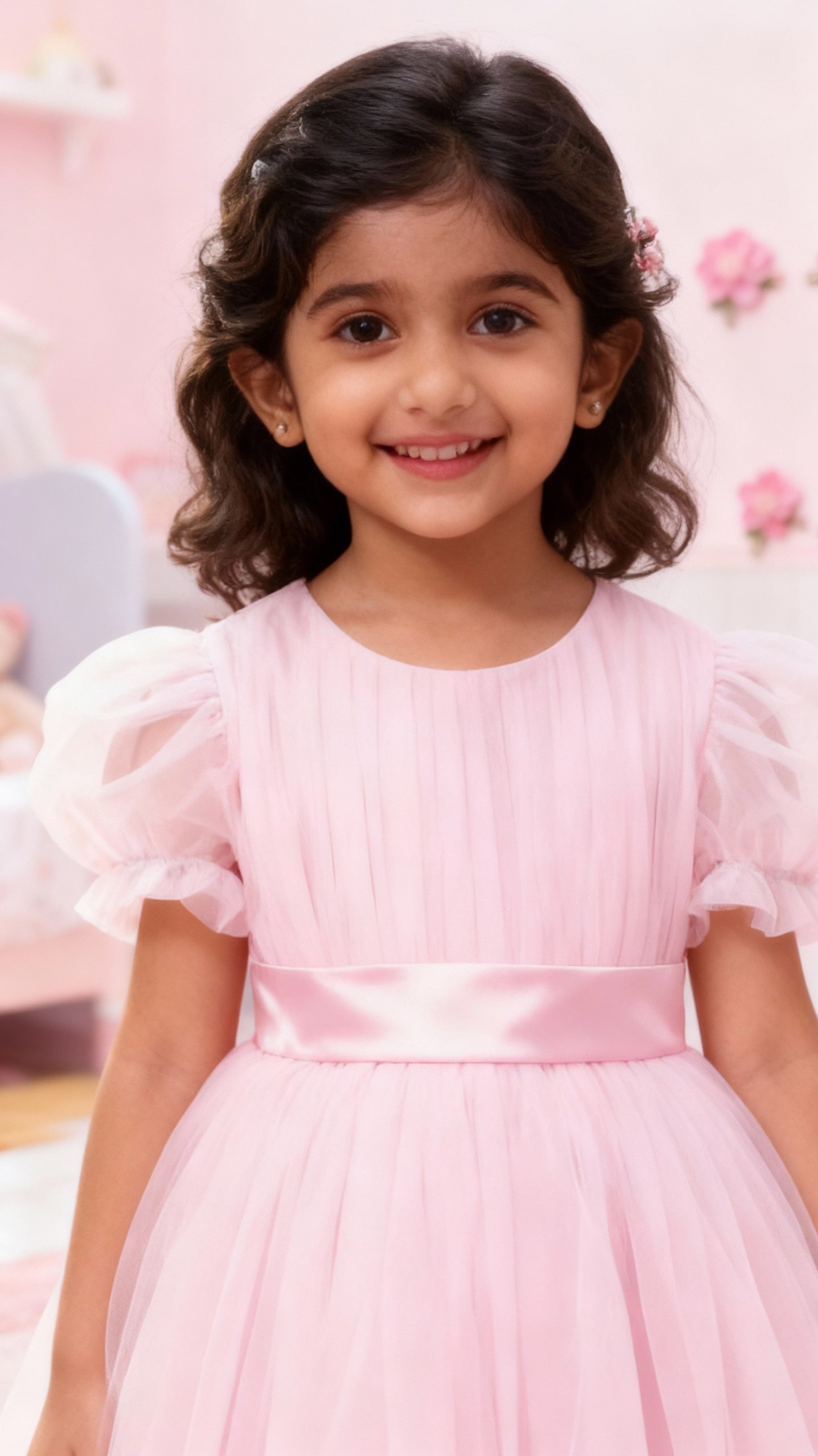 Girls Baby Pink Puff-Sleeve Tulle Party Dress with Satin Waistband