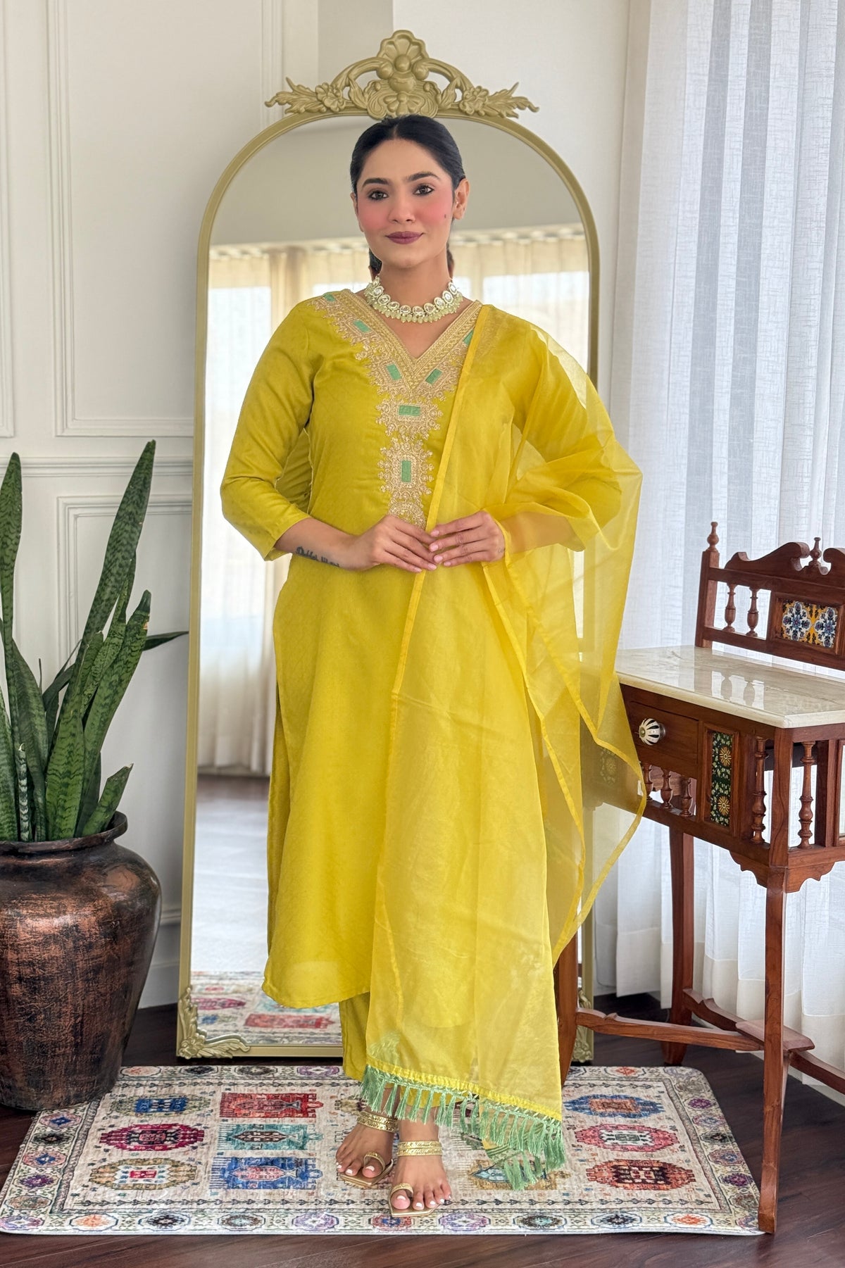 Mustard Yellow Embroidered Kurta Set with Dupatta for Women
