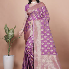 Purple Banarasi Silk Saree with Golden Zari Work & Tassel Border