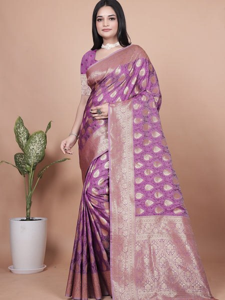 Purple Banarasi Silk Saree with Golden Zari Work & Tassel Border