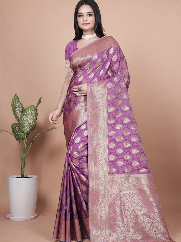 Purple Banarasi Silk Saree with Golden Zari Work & Tassel Border