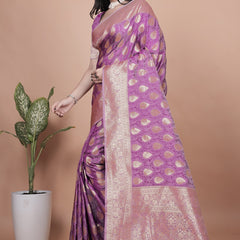 Purple Banarasi Silk Saree with Golden Zari Work & Tassel Border