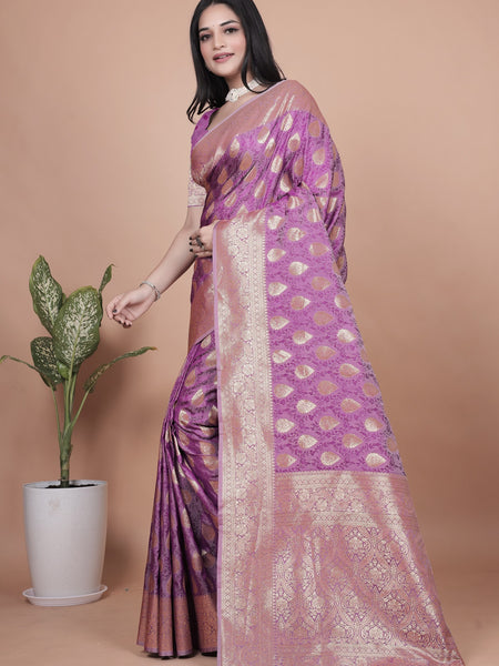 Purple Banarasi Silk Saree with Golden Zari Work & Tassel Border