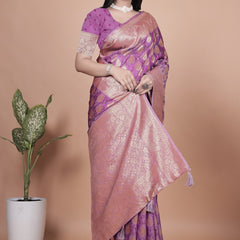 Purple Banarasi Silk Saree with Golden Zari Work & Tassel Border
