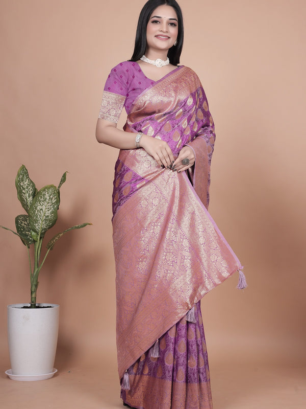 Purple Banarasi Silk Saree with Golden Zari Work & Tassel Border