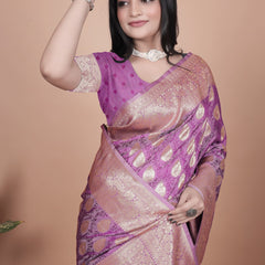 Purple Banarasi Silk Saree with Golden Zari Work & Tassel Border