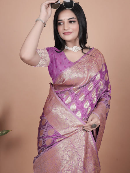 Purple Banarasi Silk Saree with Golden Zari Work & Tassel Border
