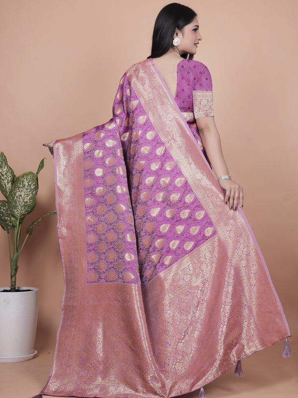 Purple Banarasi Silk Saree with Golden Zari Work & Tassel Border