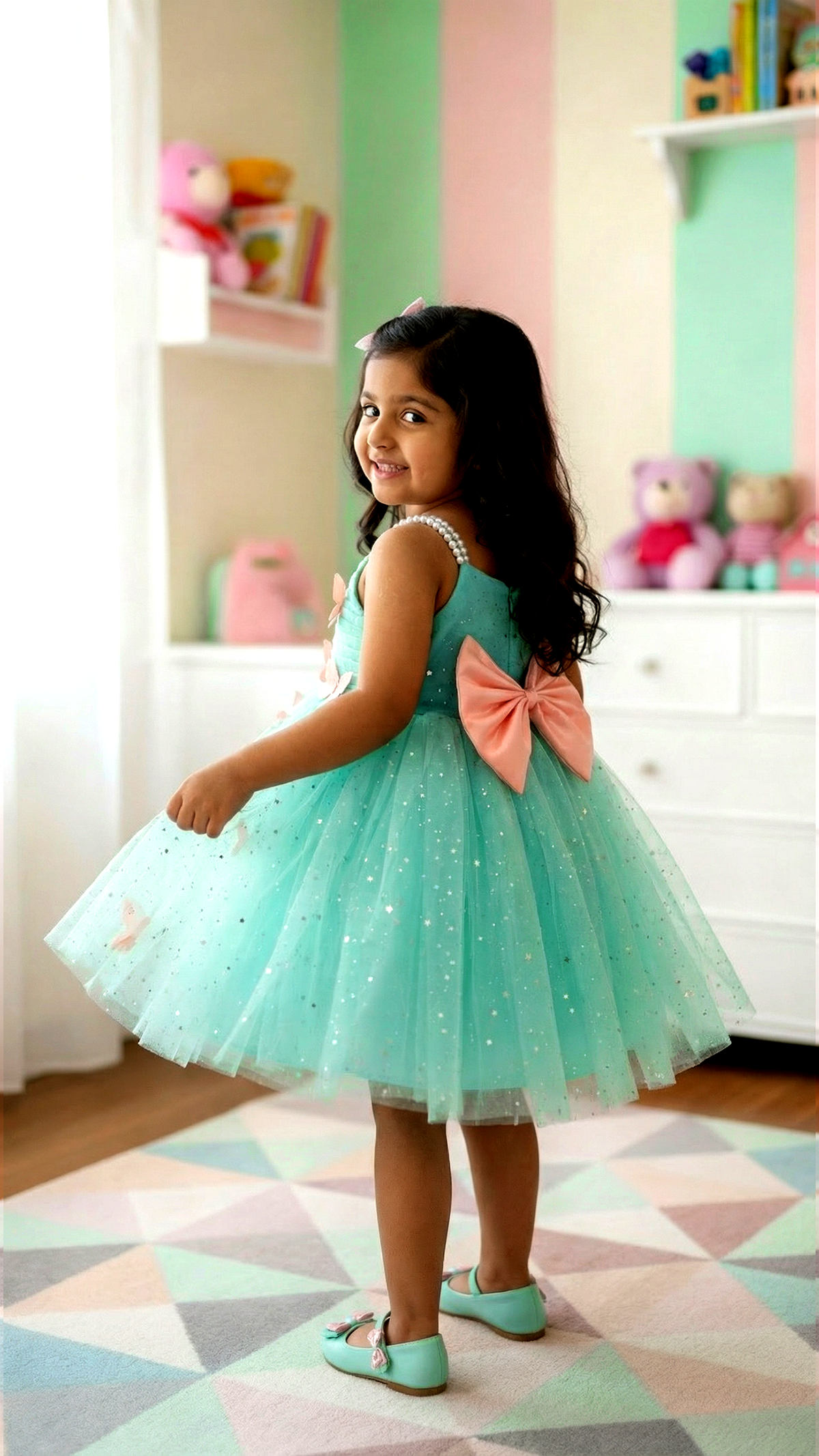 Aqua Green Butterfly Applique Party Dress for Girls with Pearl Straps & Glitter Tulle