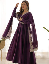 Wine Purple Anarkali Gown with Embroidered Dupatta for Women