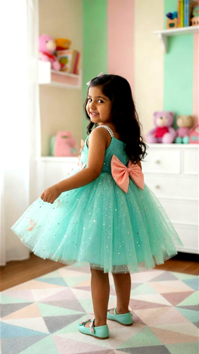 Aqua Green Butterfly Applique Party Dress for Girls with Pearl Straps & Glitter Tulle