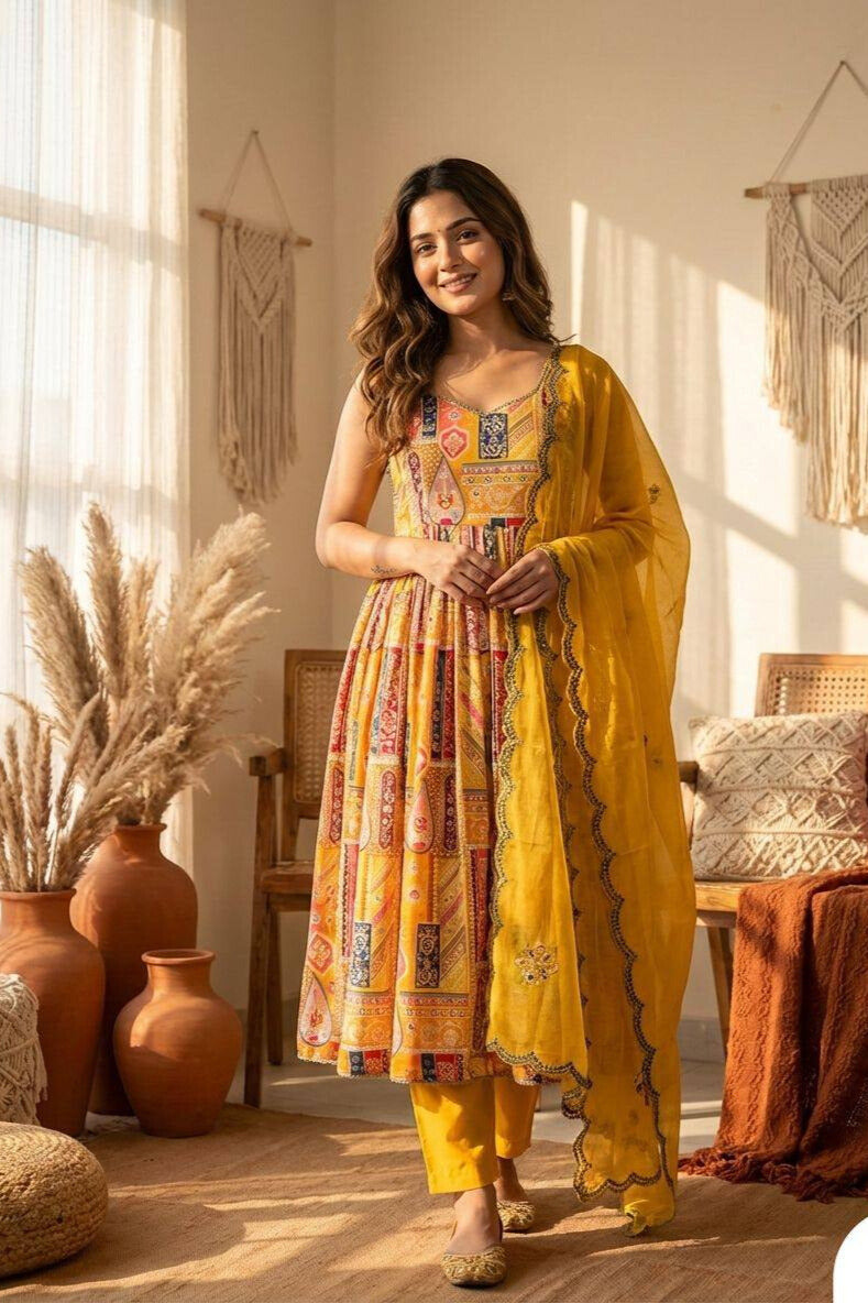 Mustard Yellow Printed Anarkali Kurta Set with Dupatta for Women
