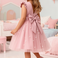 Girls Pink Party Dress with Pearl Embellished Tulle Skirt & Ruffle Sleeves
