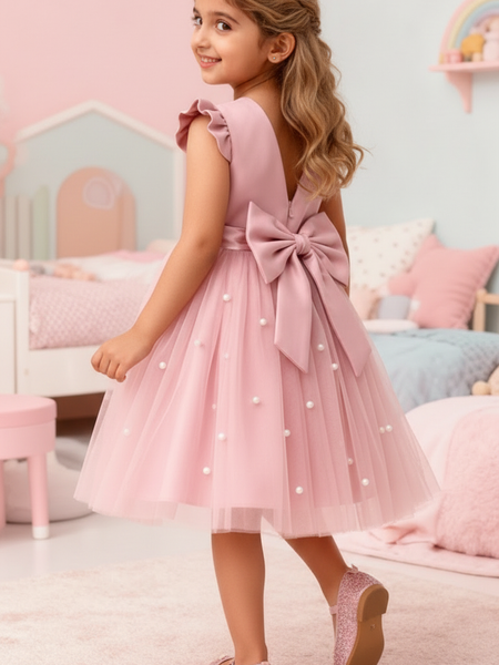 Girls Pink Party Dress with Pearl Embellished Tulle Skirt & Ruffle Sleeves
