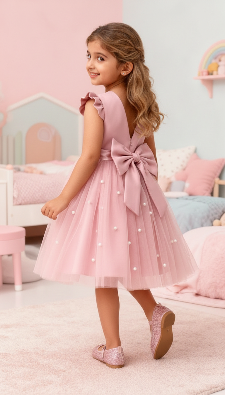 Girls Pink Party Dress with Pearl Embellished Tulle Skirt & Ruffle Sleeves