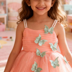 Peach Butterfly Applique Party Dress for Girls with Pearl Straps & Glitter Tulle