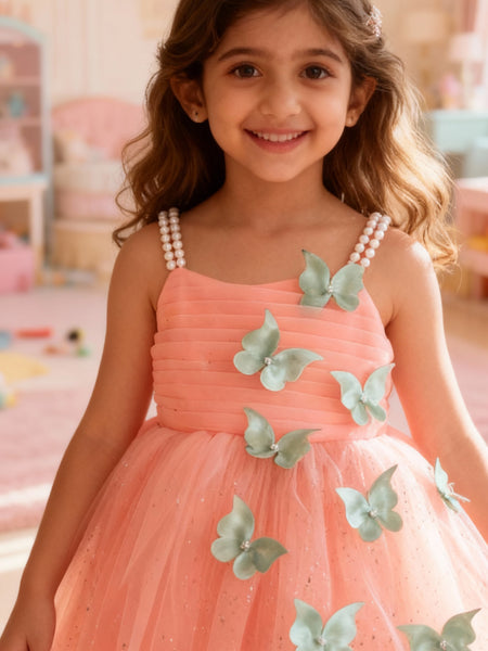 Peach Butterfly Applique Party Dress for Girls with Pearl Straps & Glitter Tulle