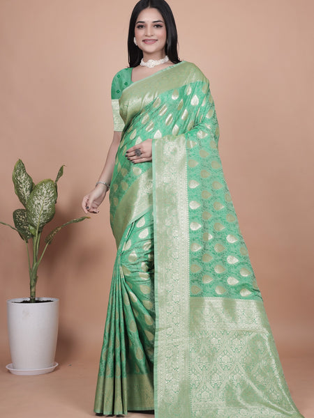 Elegant Green Banarasi Silk Saree with Golden Zari Work & Tassel Border