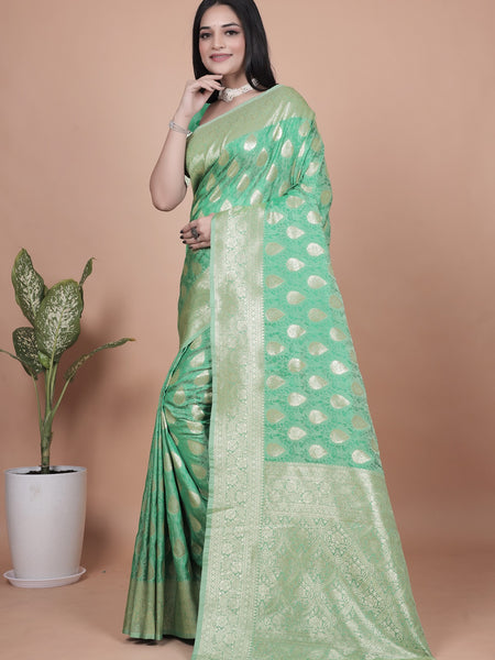 Elegant Green Banarasi Silk Saree with Golden Zari Work & Tassel Border