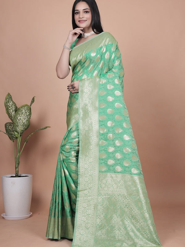 Elegant Green Banarasi Silk Saree with Golden Zari Work & Tassel Border