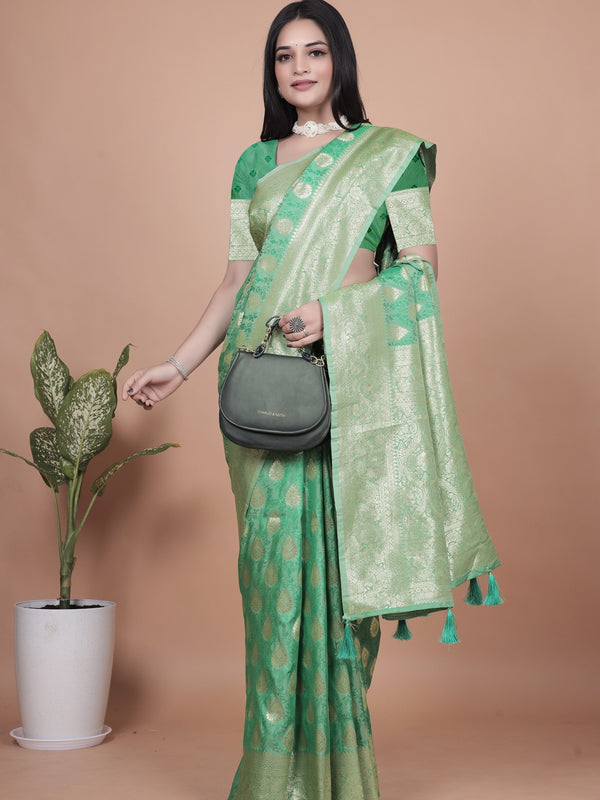Elegant Green Banarasi Silk Saree with Golden Zari Work & Tassel Border