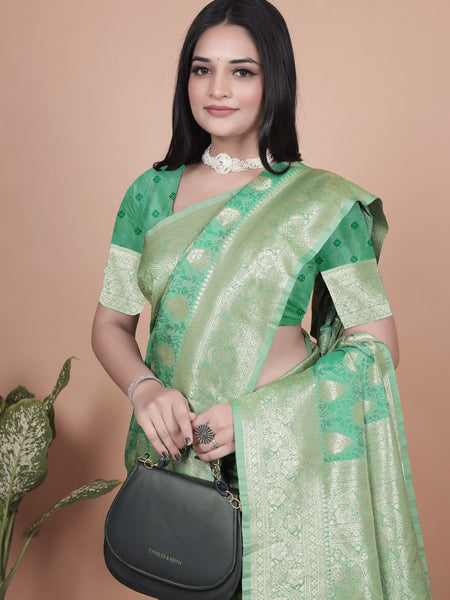 Elegant Green Banarasi Silk Saree with Golden Zari Work & Tassel Border