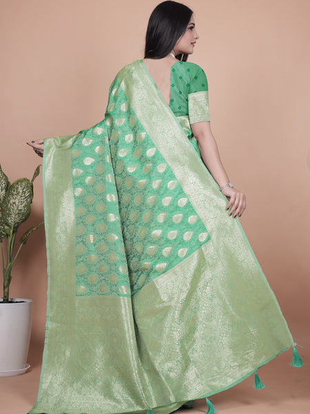 Elegant Green Banarasi Silk Saree with Golden Zari Work & Tassel Border