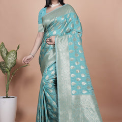 Classic Aqua Green Banarasi Silk Saree with Golden Zari and Peacock Motif