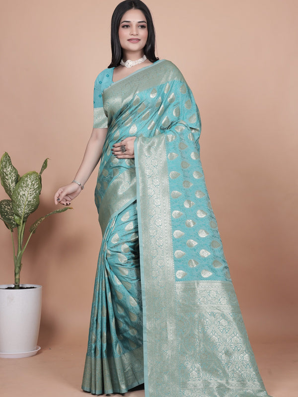 Classic Aqua Green Banarasi Silk Saree with Golden Zari and Peacock Motif
