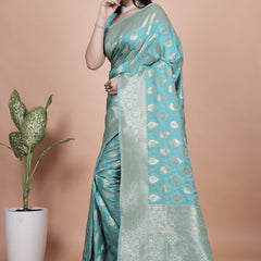 Classic Aqua Green Banarasi Silk Saree with Golden Zari and Peacock Motif
