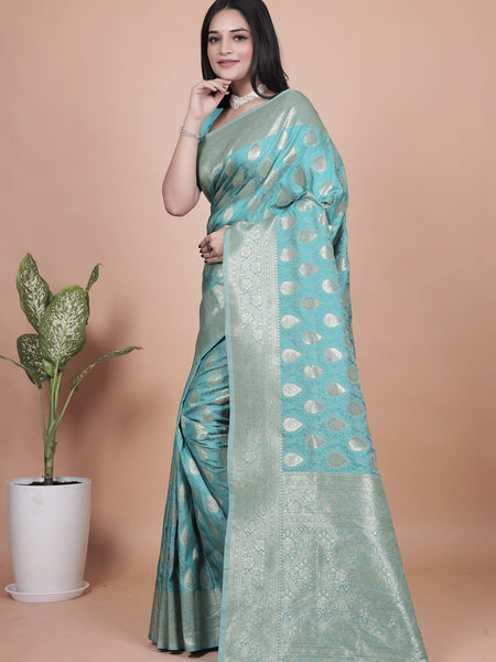 Classic Aqua Green Banarasi Silk Saree with Golden Zari and Peacock Motif