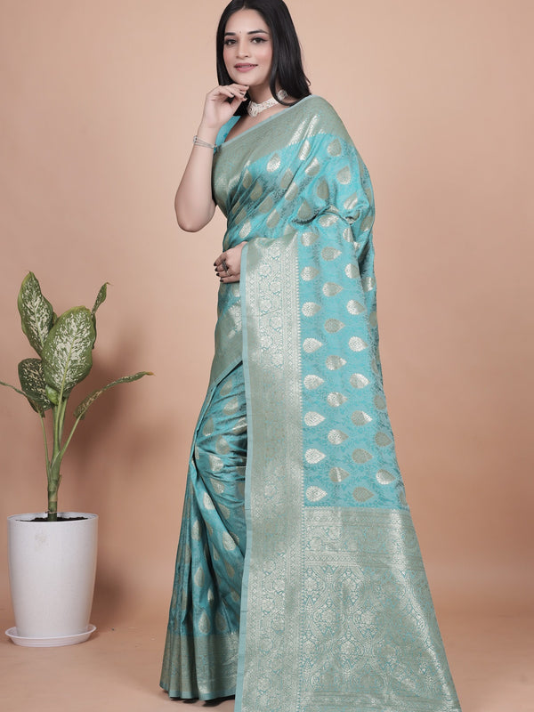 Classic Aqua Green Banarasi Silk Saree with Golden Zari and Peacock Motif