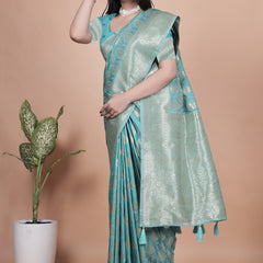 Classic Aqua Green Banarasi Silk Saree with Golden Zari and Peacock Motif