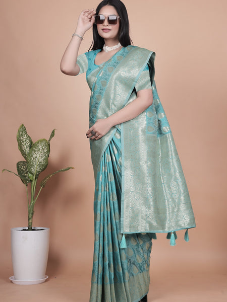 Classic Aqua Green Banarasi Silk Saree with Golden Zari and Peacock Motif