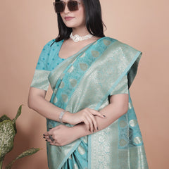 Classic Aqua Green Banarasi Silk Saree with Golden Zari and Peacock Motif