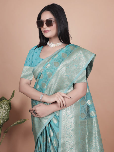 Classic Aqua Green Banarasi Silk Saree with Golden Zari and Peacock Motif