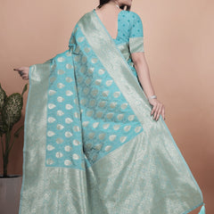 Classic Aqua Green Banarasi Silk Saree with Golden Zari and Peacock Motif