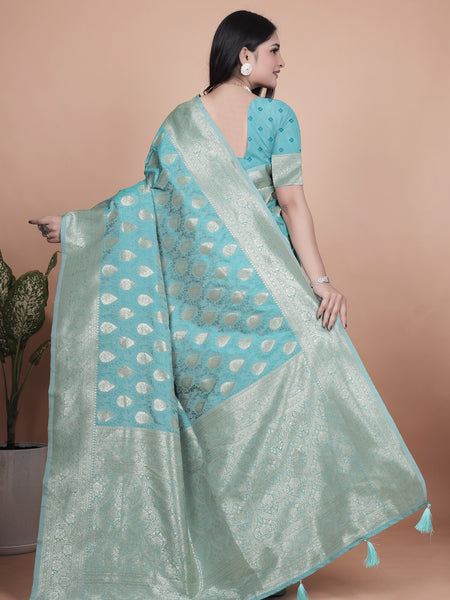 Classic Aqua Green Banarasi Silk Saree with Golden Zari and Peacock Motif