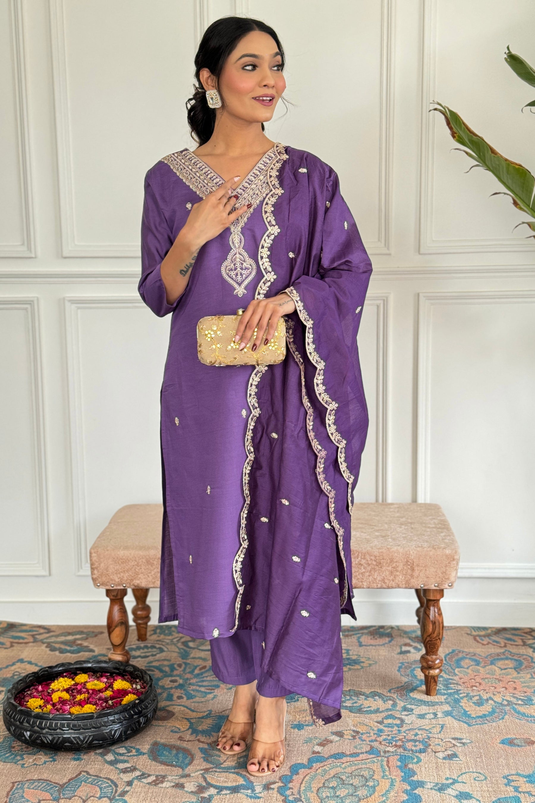 Royal Purple Embroidered Kurta Pant Set for Women