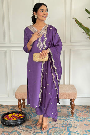 Royal Purple Embroidered Kurta Pant Set for Women