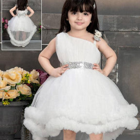 Girls White High-Low Party Wear Frock