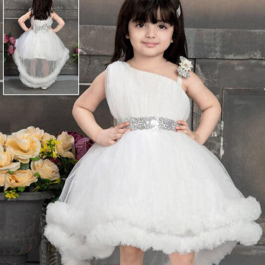 Girls White High-Low Party Wear Frock