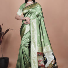 Elegant Green Silk Saree with Peacock Design and Golden Border