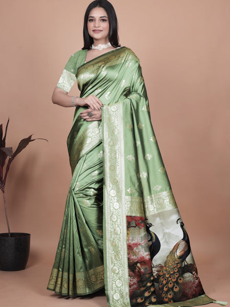 Elegant Green Silk Saree with Peacock Design and Golden Border