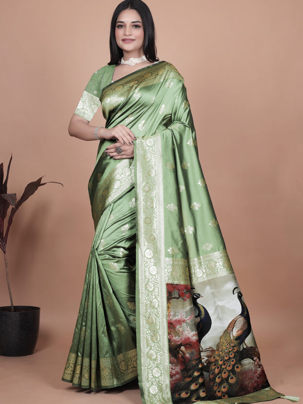 Elegant Green Silk Saree with Peacock Design and Golden Border
