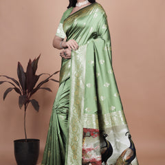 Elegant Green Silk Saree with Peacock Design and Golden Border