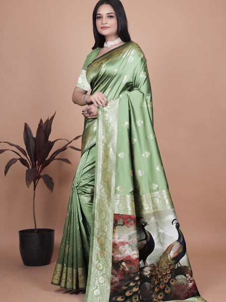 Elegant Green Silk Saree with Peacock Design and Golden Border